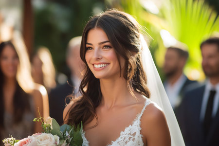 Happy bride holding bouquet and smiling during wedding ceremonyの素材