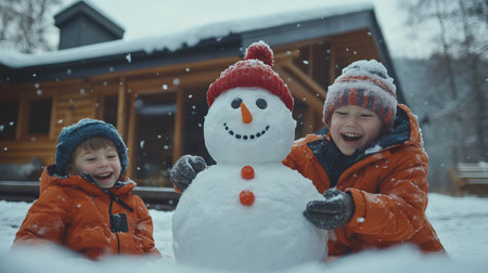 Two cheerful children building a snowman in the snow in front of their wooden cottage, enjoying their winter holidaysの素材