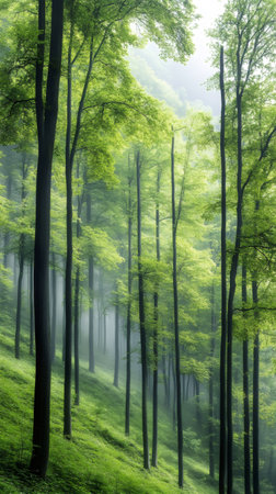 Light fog flowing through green forest growing on a slope during a spring morningの素材