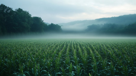 Low fog covering a large cornfield at dawn with a forest and hills in the backgroundの素材