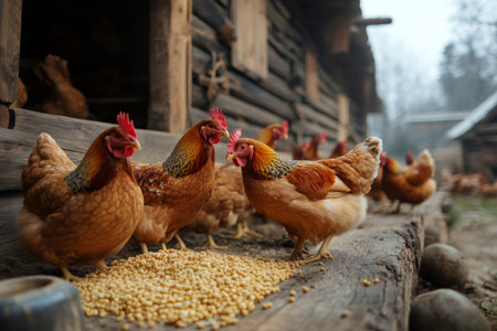 Free-range chickens feeding on corn in front of a coop on a farmの素材