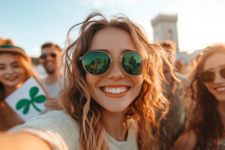 Group of friends celebrating Saint Patrick's Day taking selfie and having funの素材