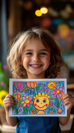 Preschooler showing a colorful crayon drawing of a smiling sun and flowersの素材