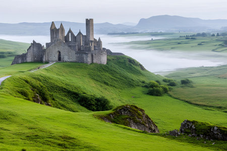Low fog covering the valley surrounding the Rock of Cashel in Ireland during a misty morningの素材
