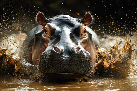 Large hippopotamus emerging from muddy water with splashes all around, creating a dynamic and powerful sceneの素材