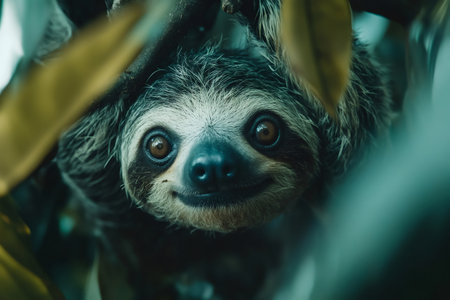 Close-up portrait of a cute sloth hanging on a tree branch in the rainforestの素材