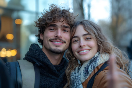 Young tourist couple taking selfie showing thumbs up in urban streetの素材