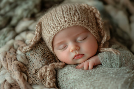 Newborn baby sleeping peacefully wearing a knitted hat and lying on a soft blanketの素材