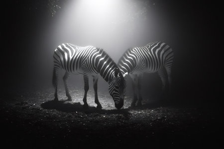 Two zebras are grazing in the dark, illuminated by a dramatic light from aboveの素材