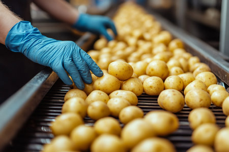 Food processing factory workers wearing gloves selecting potatoes on a conveyor beltの素材