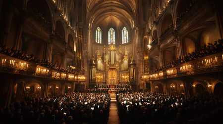 Choir singing in the Barcelona Cathedral during a concert with audience and pipe organの素材