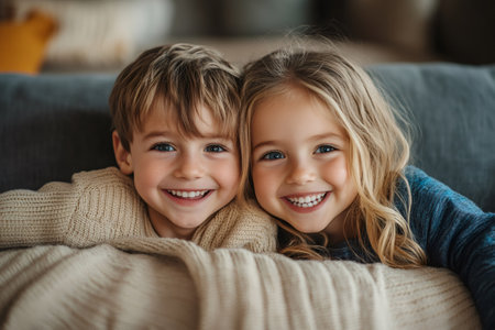 Brother and sister smiling and sharing a blanket on a sofa at homeの素材