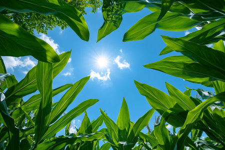 Looking up at the sun through the leaves of a cornfield on a sunny dayの素材