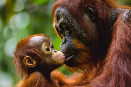 Mother orangutan showing love and affection to her baby in a lush green jungle environmentの素材