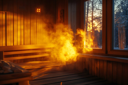 Warm steam escaping a wooden sauna at sunset, creating a cozy and relaxing atmosphereの素材