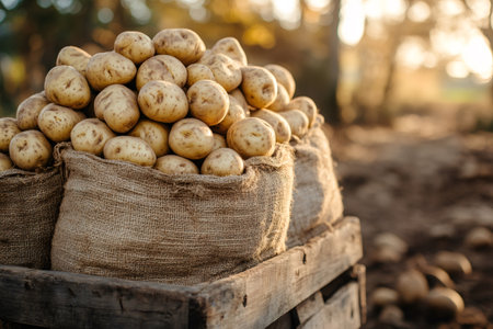 Sacks overflowing with potatoes during harvest time at sunsetの素材
