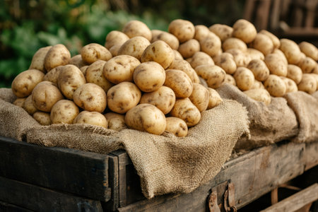 Raw potatoes displayed on rustic burlap sacks, showcasing the earthy charm of farm-fresh produceの素材