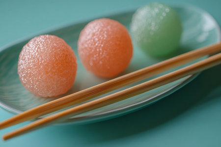 Japanese traditional sweets with chopsticks on a plate, ready to be eatenの素材
