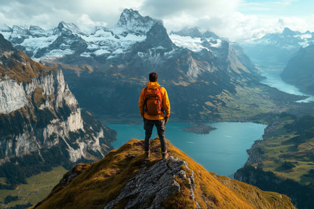 Hiker standing on mountain top enjoying breathtaking view of Lake Walensee and Swiss Alpsの素材