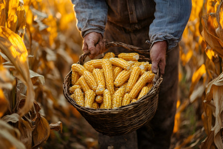 Farmer carrying wicker basket full of ripe corn cobs in cultivated maize field at sunsetの素材