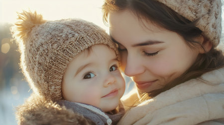 Happy mother and baby wearing warm winter clothes enjoying a tender moment together in a snowy parkの素材