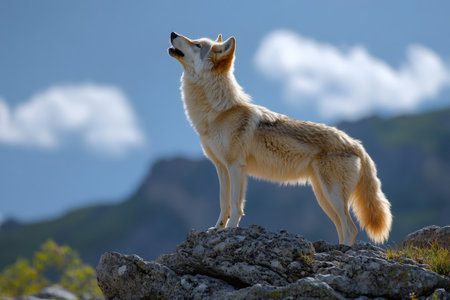 Gray wolf howling standing on a rock with mountains in the backgroundの素材