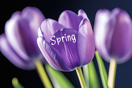 Purple tulips represent the beauty of springtime, with the word spring adding a touch of seasonal charmの素材