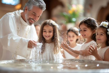 Priest blessing three girls with holy water during baptism ceremony in a Catholic churchの素材