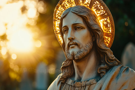Close-up of a weathered statue of Jesus Christ with a golden halo, illuminated by the warm glow of the setting sunの素材