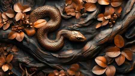 3d render of a brown snake crawling on dark wood surrounded by brown leaves, creating a captivating autumnal sceneの素材