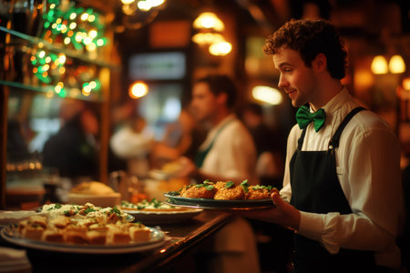 Young waiter carrying a tray of appetizers in a busy restaurantの素材