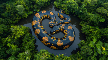 Aerial view of a massive reticulated python relaxing in a murky swamp, enveloped by the vibrant foliage of a tropical rainforestの素材