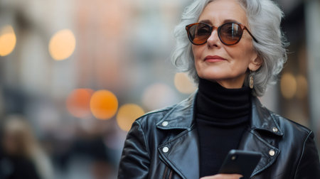Stylish senior woman wearing sunglasses and a leather jacket, holding a smartphone and walking down a city streetの素材