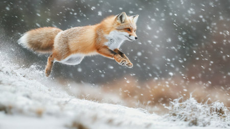 Red fox jumping over snowy ground during a snowfall in winterの素材