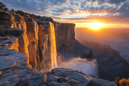 Scenic view of Salto Angel, the world's highest uninterrupted waterfall, illuminated by the setting sun in Canaima National Parkの素材