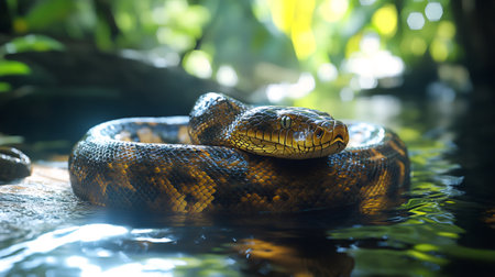 Close-up of a Cuban boa partially submerged in water with blurred tropical vegetation in the backgroundの素材