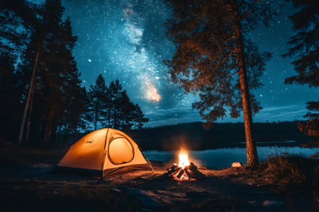 Campfire burning near illuminated tent under beautiful night sky full of stars and milky wayの素材