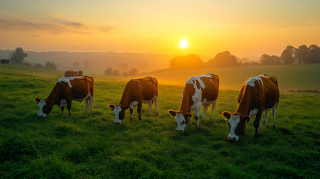 Idyllic countryside landscape with cows grazing peacefully in green pasture at sunriseの素材