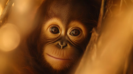Portrait of a baby orangutan hiding and looking at the viewerの素材