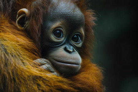 Portrait of a baby orangutan with its arms around its bodyの素材