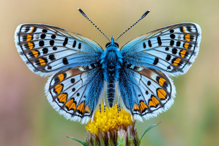 Large blue butterfly with open wings sitting on a yellow flower, showing its beautiful colors and patternsの素材