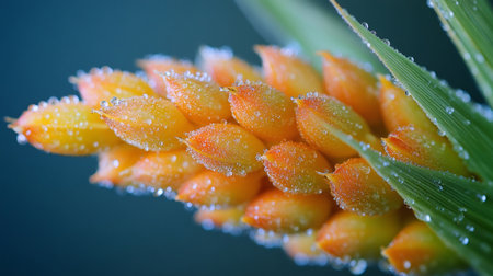 Macro photography captures vibrant orange flower petals adorned with glistening water droplets, creating a captivating scene of natural beautyの素材