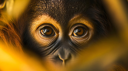Portrait of a baby orangutan peeking through foliage, its expressive eyes conveying innocence and vulnerabilityの素材