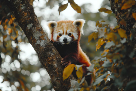 Cute red panda climbing a tree in the forestの素材