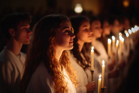 Choir singers holding candles during a performance or ceremony in a churchの素材