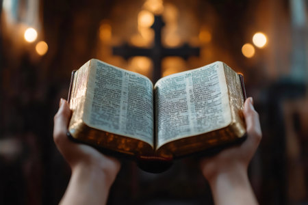 Hands holding open Bible in a church with a cross in the background, reading and prayingの素材