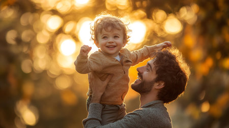 Father holding his laughing son up in the air at sunset in autumn parkの素材