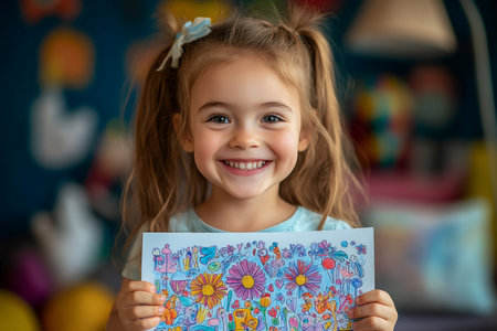 Smiling preschooler girl proudly showing her drawing at kindergartenの素材