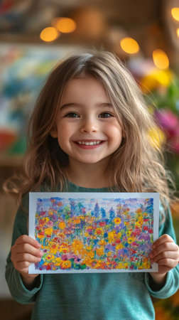 Smiling preschooler girl showing her colorful drawing of a flower fieldの素材
