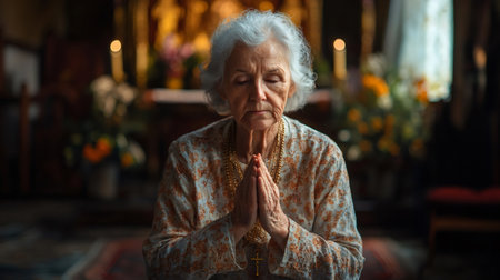 Senior woman with closed eyes and rosary praying in a churchの素材